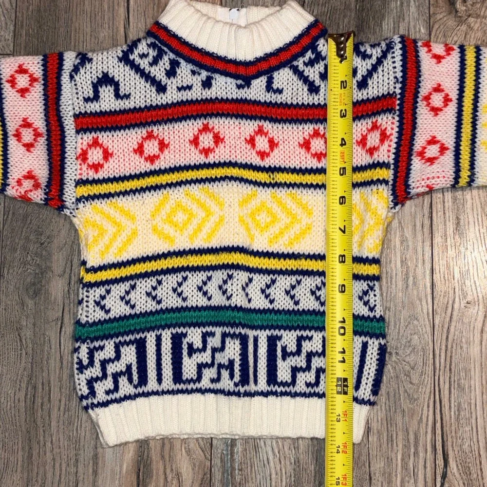 Vintage Toddler Fair Isle Geometric Knit Mock Neck Zip Back Sweater Multi-Color